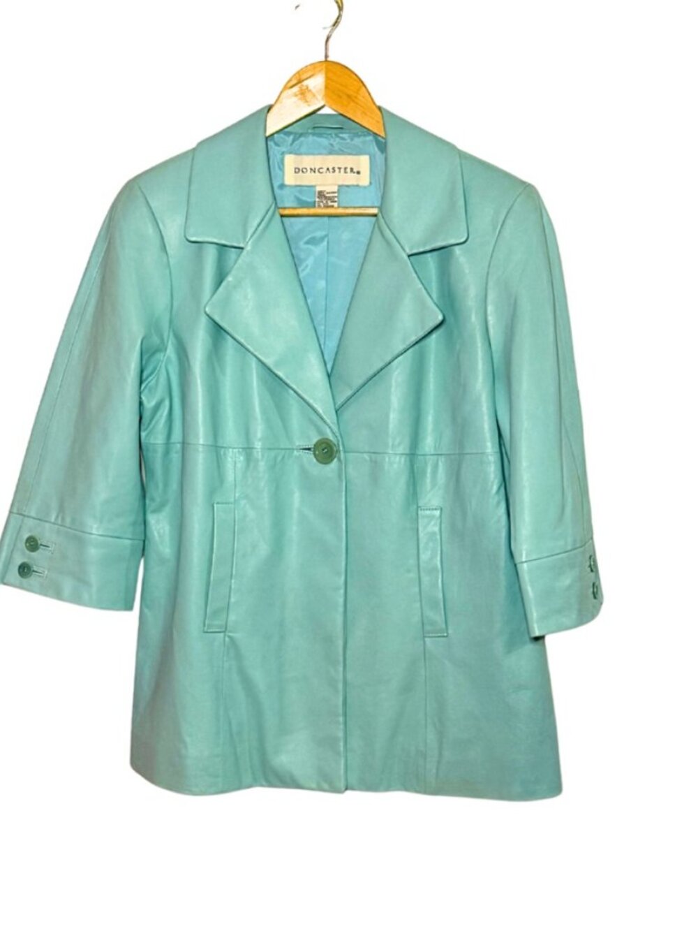 Vintage Doncaster Genuine Calf Leather Jacket Blazer 3/4 Sleeve Teal Women's L